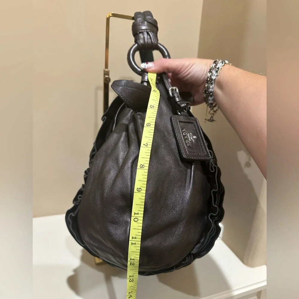 PRADA Nappa Mordore Leather Brown Ruffle Bag - Picture 12 of 14
